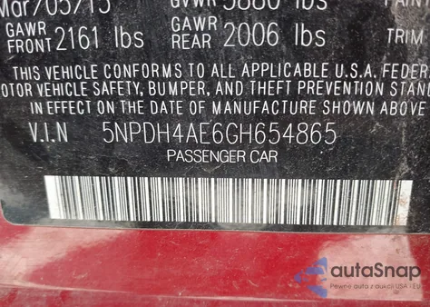 2016 Hyundai Elantra Limited z USA, uszkodzony, nr VIN 5NPDH4AE6GH654865